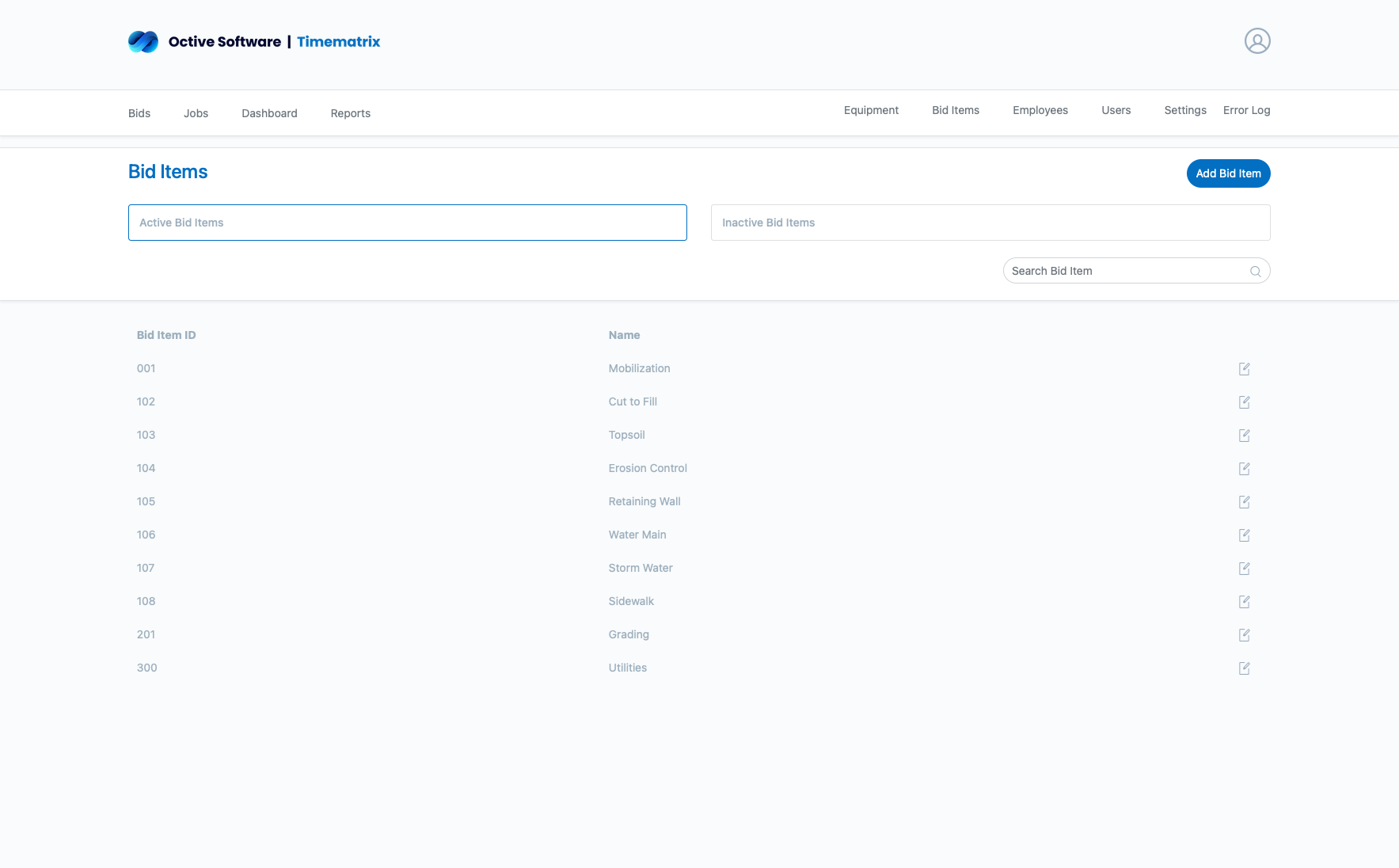Bid Items Management Interface